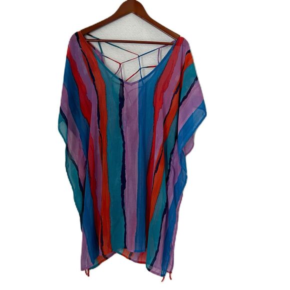 Palisades Beach Club Swimsuit Cover Up Women M/L Multicolor Stripe Sheer Tassel - Picture 1 of 14